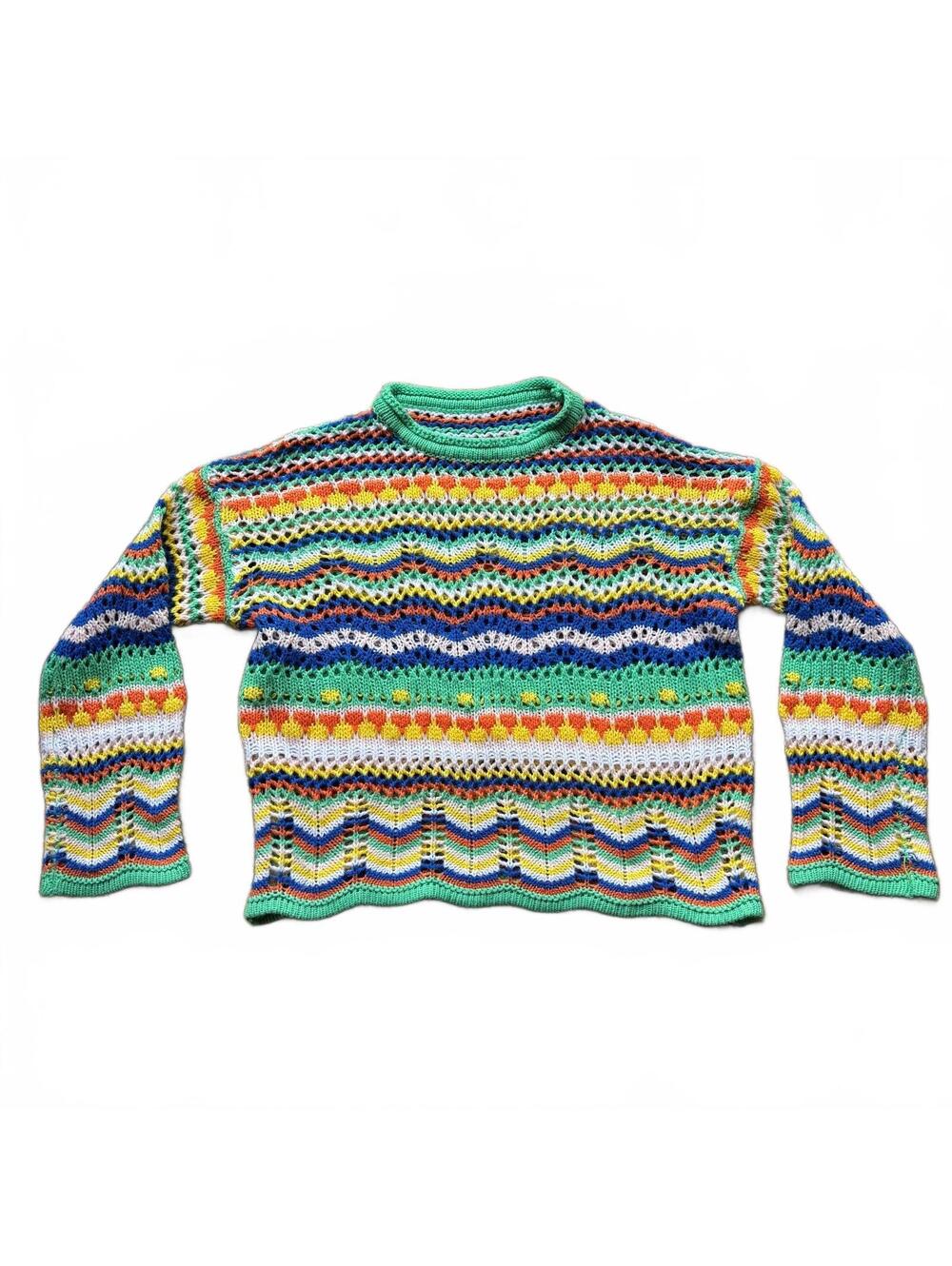 Vintage 70s Vibes Crochet Knit Multi Color Sweater Size S